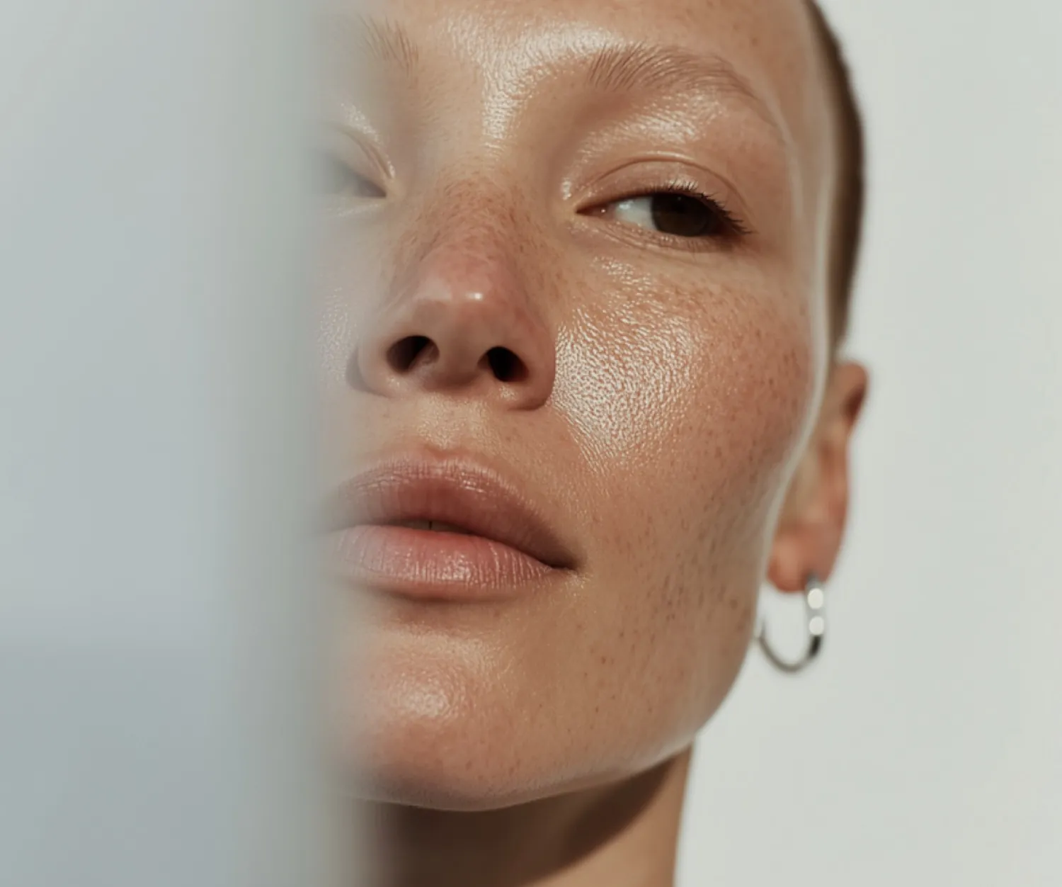 Close-up portrait of a woman with natural, glowing skin