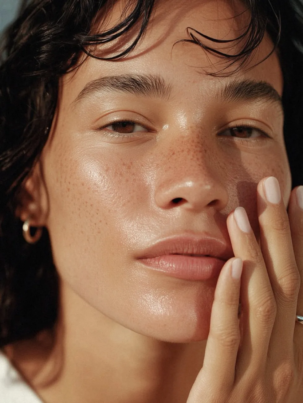 A woman with dewy skin touching her face